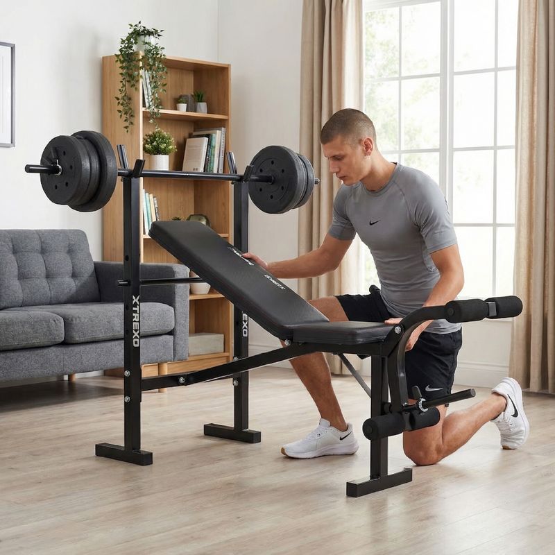 XTREXO BenchFit Lite edzőpad állvánnyal és súlyzóval fekete színben 5